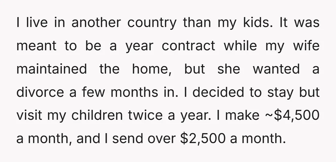 I live in another country than my kids. It was meant to be a year contract while my wife maintained the home, but she wanted a divorce a few months...