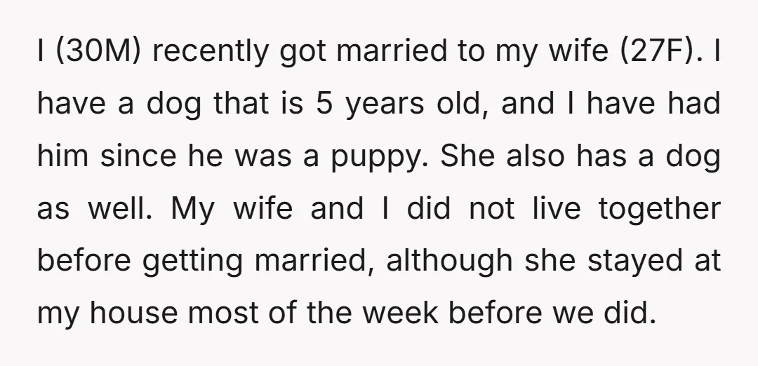 I (30M) recently got married to my wife (27F). I have a dog that is 5 years old, and I have had him since he was a puppy. She also...
