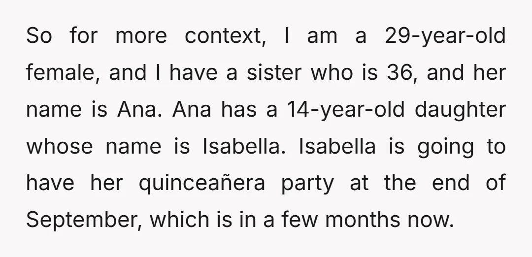 So for more context, I am a 29-year-old female, and I have a sister who is 36, and her name is Ana. Ana has a 14-year-old daughter whose name is...