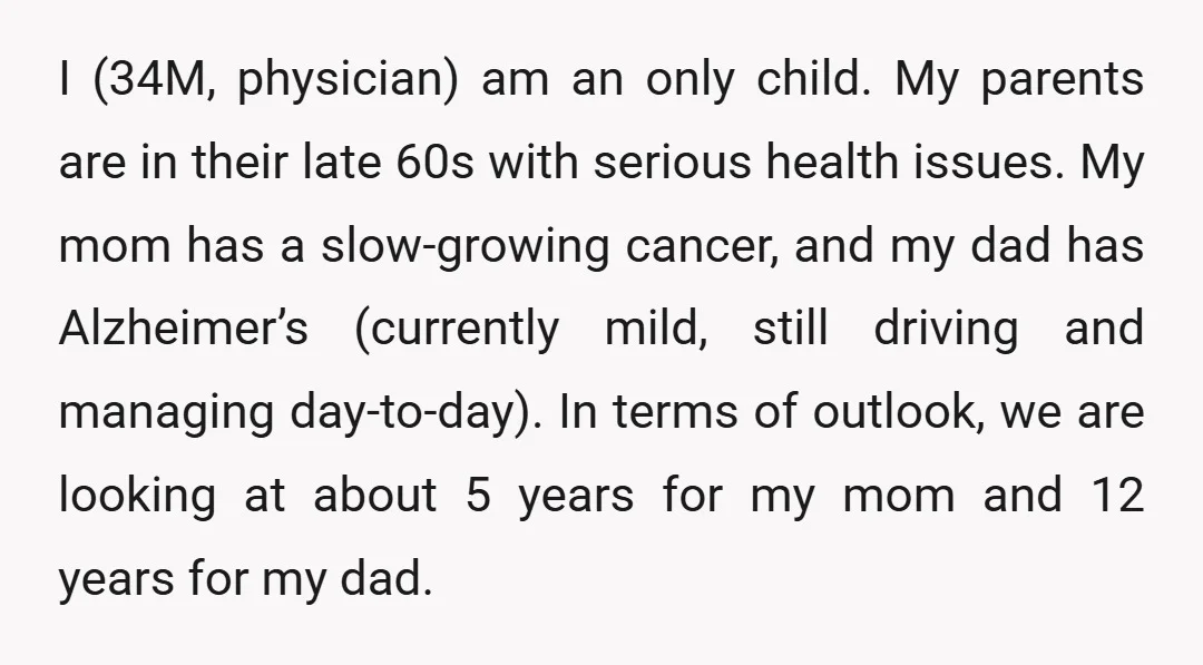 I (34M, physician) am an only child. My parents are in their late 60s with serious health issues. My mom has a slow-growing cancer, and my dad has Alzheimer’s (currently...