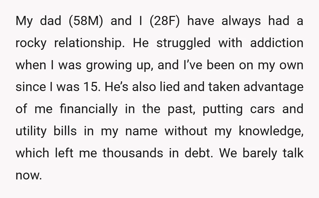 My dad (58M) and I (28F) have always had a rocky relationship. He struggled with addiction when I was growing up, and I’ve been on my own since I was...
