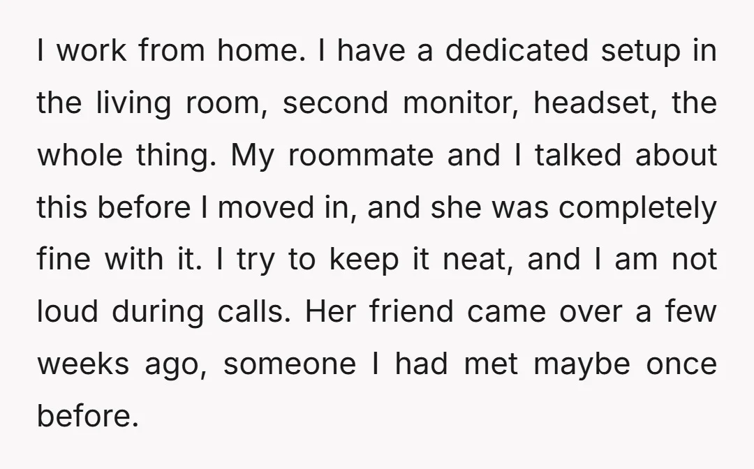 I work from home. I have a dedicated setup in the living room, second monitor, headset, the whole thing. My roommate and I talked about this before I moved in,...
