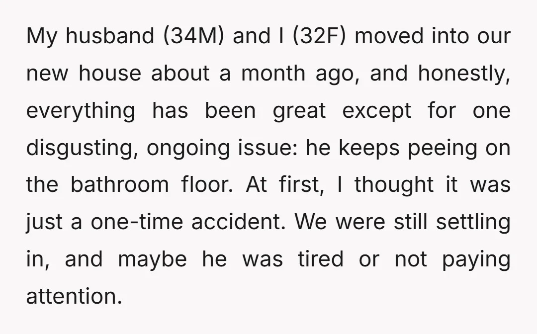 My husband (34M) and I (32F) moved into our new house about a month ago, and honestly, everything has been great except for one disgusting, ongoing issue: he keeps peeing...