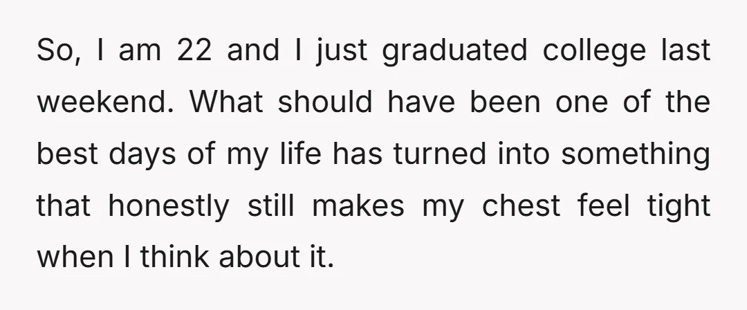 So, I am 22 and I just graduated college last weekend. What should have been one of the best days of my life has turned into something that honestly still...