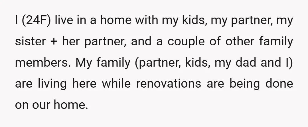 I (24F) live in a home with my kids, my partner, my sister + her partner, and a couple of other family members. My family (partner, kids, my dad and...
