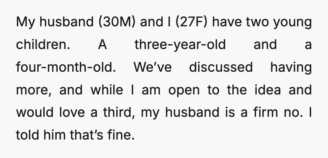 My husband (30M) and I (27F) have two young children. A three-year-old and a four-month-old. We’ve discussed having more, and while I am open to the idea and would love...