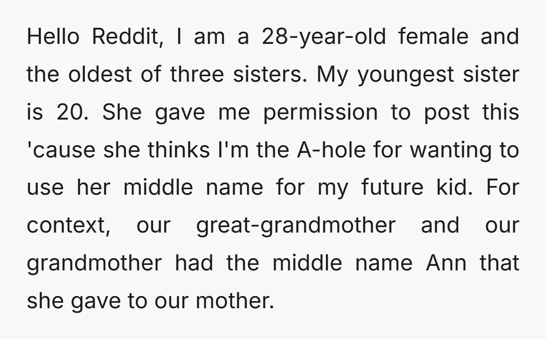 Hello Reddit, I am a 28-year-old female and the oldest of three sisters. My youngest sister is 20. She gave me permission to post this 'cause she thinks I'm the...