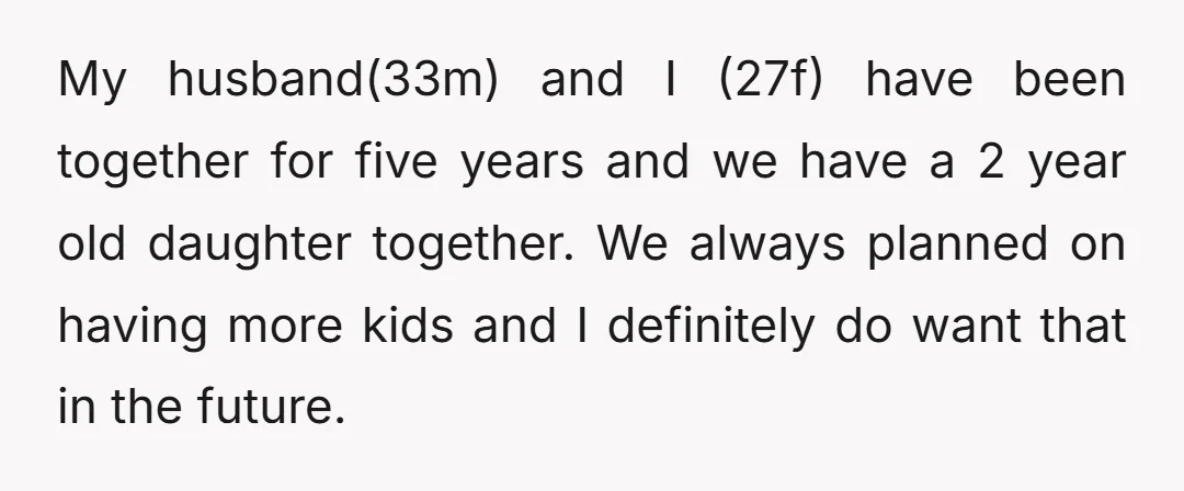 My husband(33m) and I (27f) have been together for five years and we have a 2 year old daughter together. We always planned on having more kids and I definitely...