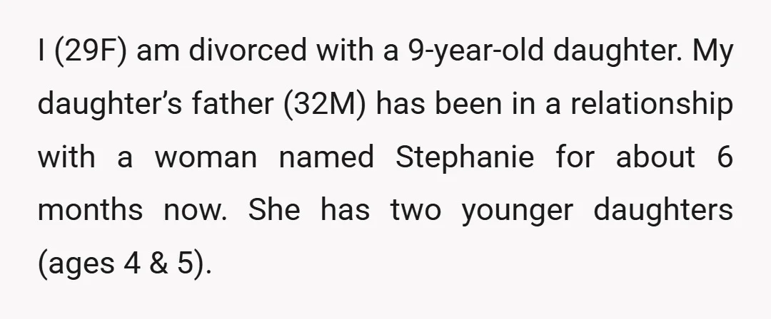 I (29F) am divorced with a 9-year-old daughter. My daughter’s father (32M) has been in a relationship with a woman named Stephanie for about 6 months now. She has two...