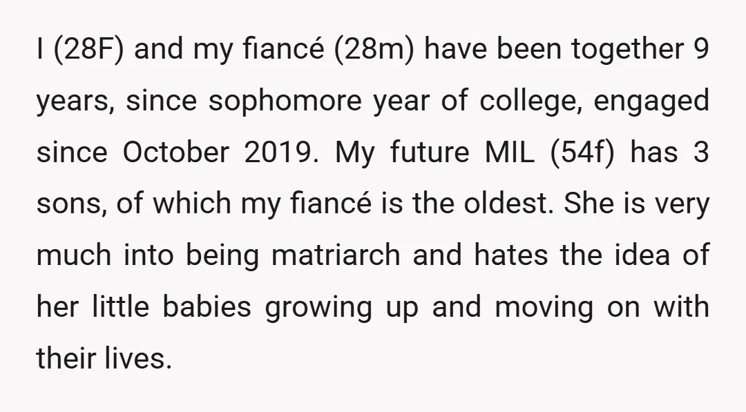 I (28F) and my fiancé (28m) have been together 9 years, since sophomore year of college, engaged since October 2019. My future MIL (54f) has 3 sons, of which my...