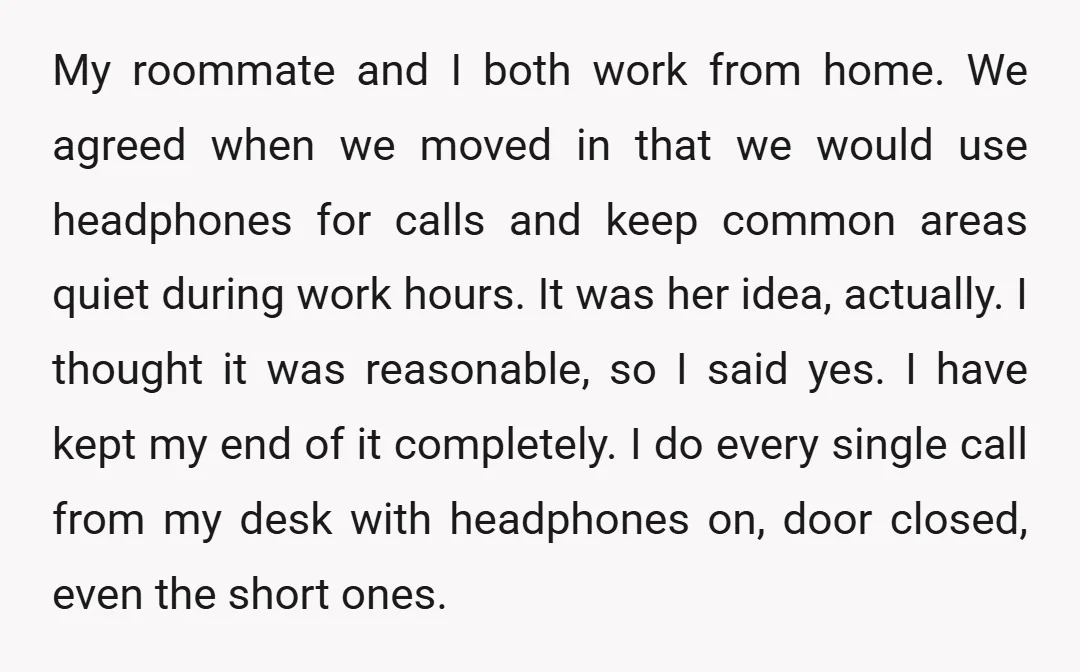 My roommate and I both work from home. We agreed when we moved in that we would use headphones for calls and keep common areas quiet during work hours. It...