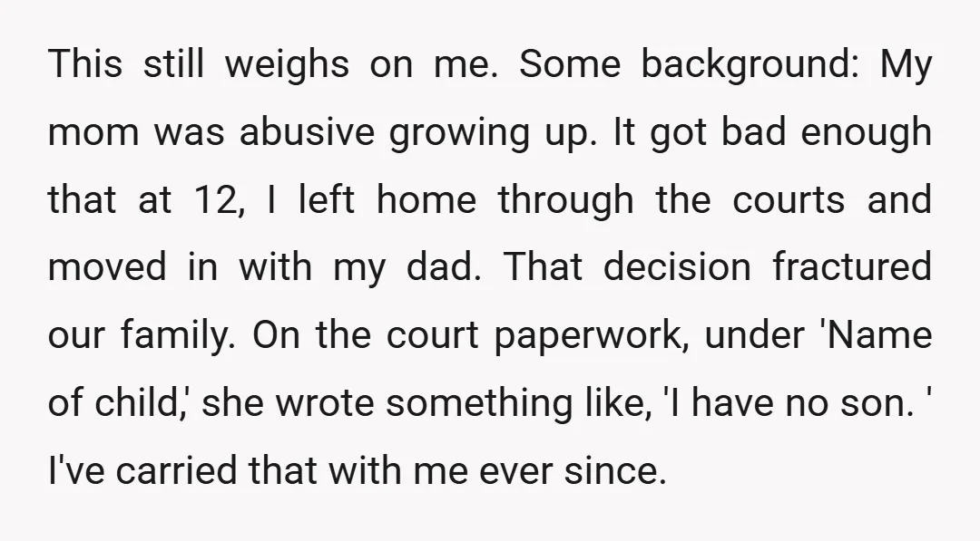 This still weighs on me. Some background: My mom was abusive growing up. It got bad enough that at 12, I left home through the courts and moved in with...