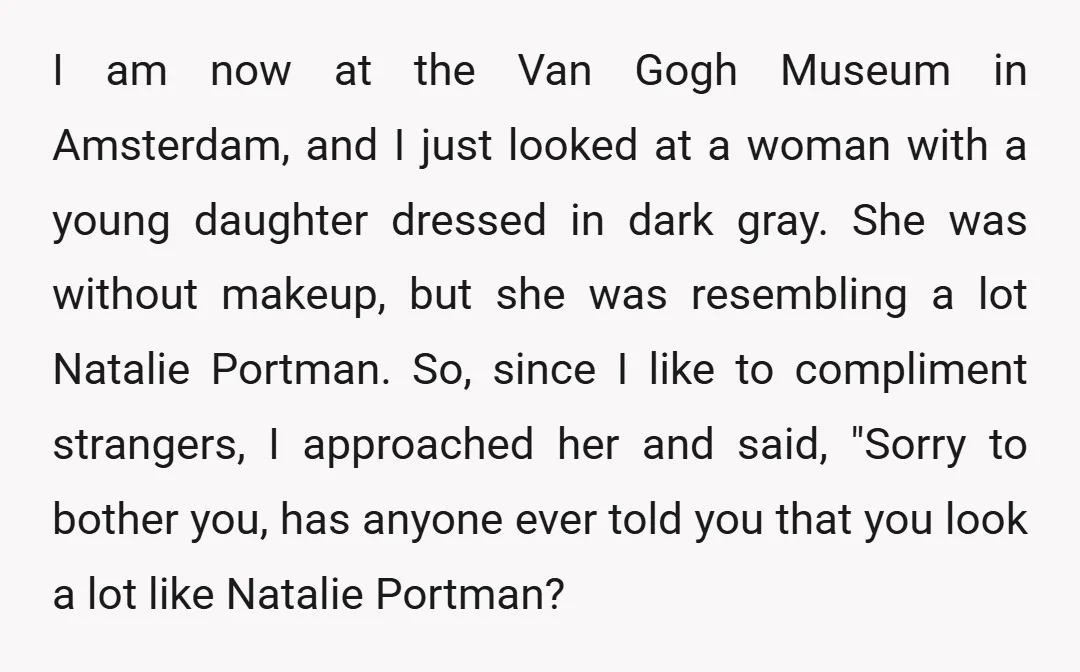 I am now at the Van Gogh Museum in Amsterdam, and I just looked at a woman with a young daughter dressed in dark gray. She was without makeup, but...