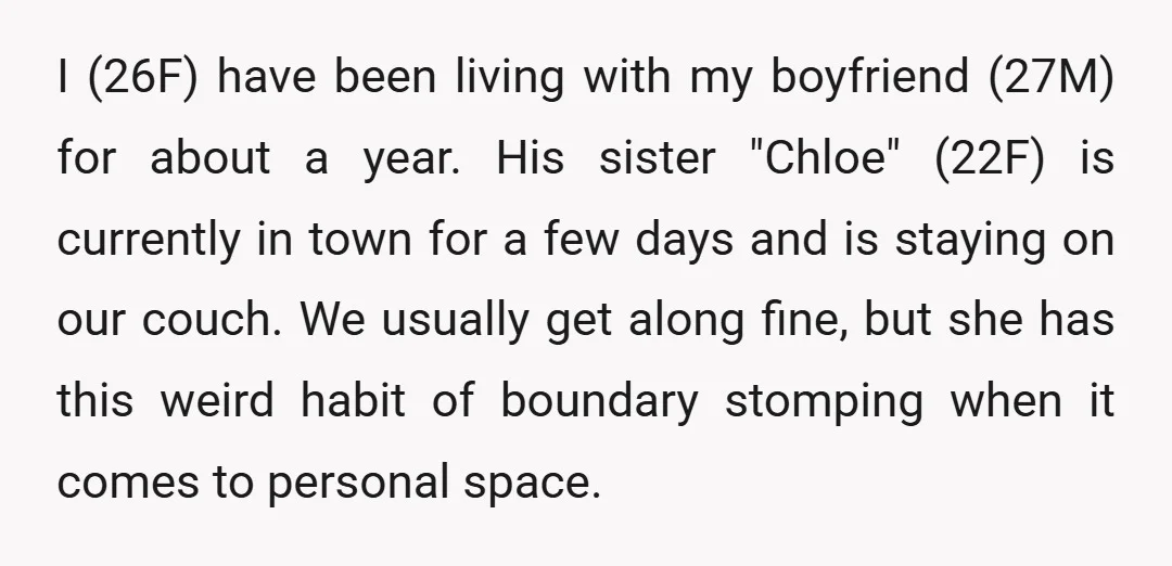 I (26F) have been living with my boyfriend (27M) for about a year. His sister "Chloe" (22F) is currently in town for a few days and is staying on our...