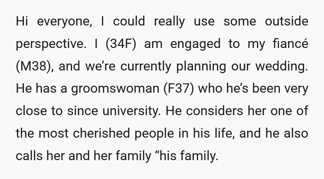Hi everyone, I could really use some outside perspective. I (34F) am engaged to my fiancé (M38), and we’re currently planning our wedding. He has a groomswoman (F37) who he’s...