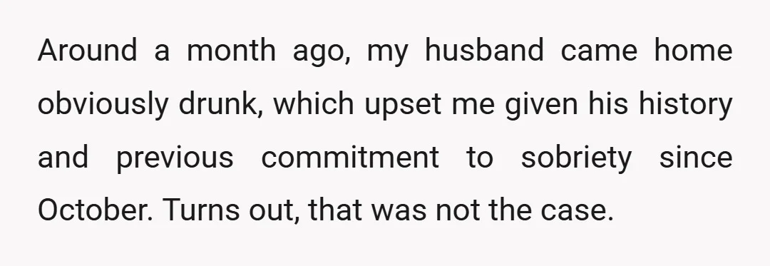 Around a month ago, my husband came home obviously drunk, which upset me given his history and previous commitment to sobriety since October. Turns out, that was not the case.