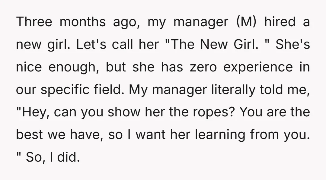 Three months ago, my manager (M) hired a new girl. Let's call her "The New Girl. " She's nice enough, but she has zero experience in our specific field. My...
