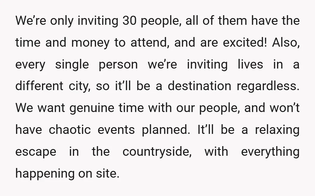 We’re only inviting 30 people, all of them have the time and money to attend, and are excited! Also, every single person we’re inviting lives in a different city, so...