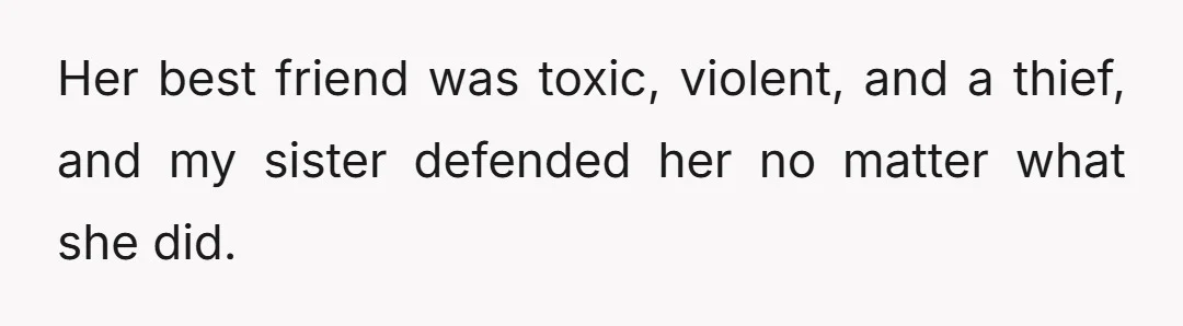 Her best friend was toxic, violent, and a thief, and my sister defended her no matter what she did.
