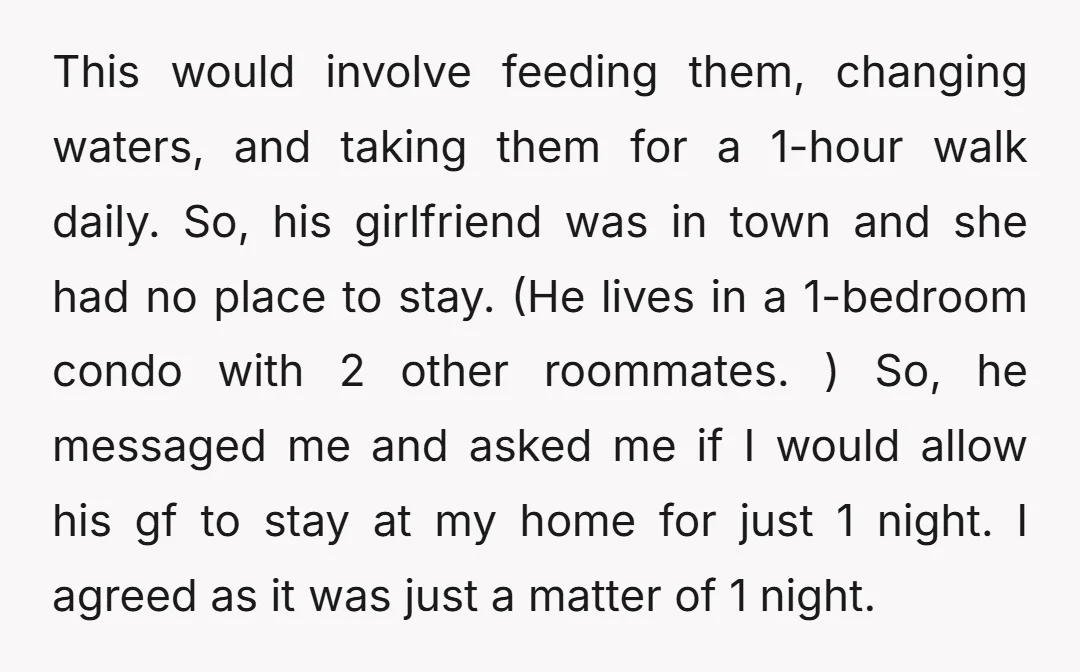 This would involve feeding them, changing waters, and taking them for a 1-hour walk daily. So, his girlfriend was in town and she had no place to stay. (He lives...