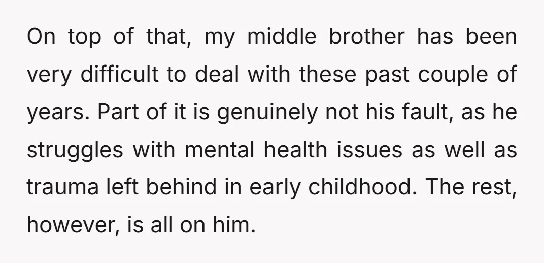 On top of that, my middle brother has been very difficult to deal with these past couple of years. Part of it is genuinely not his fault, as he struggles...
