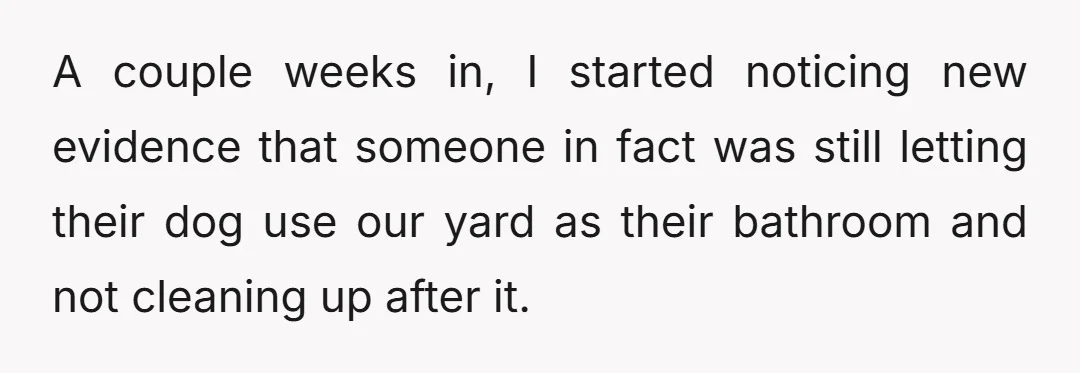 A couple weeks in, I started noticing new evidence that someone in fact was still letting their dog use our yard as their bathroom and not cleaning up after it.