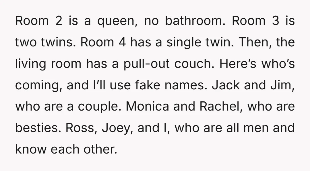Room 2 is a queen, no bathroom. Room 3 is two twins. Room 4 has a single twin. Then, the living room has a pull-out couch. Here’s who’s coming, and...