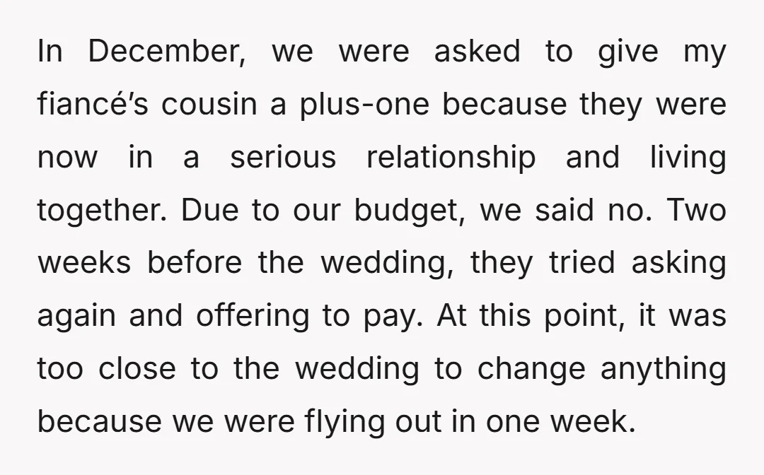 In December, we were asked to give my fiancé’s cousin a plus-one because they were now in a serious relationship and living together. Due to our budget, we said no....