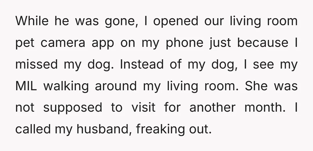 While he was gone, I opened our living room pet camera app on my phone just because I missed my dog. Instead of my dog, I see my MIL walking...