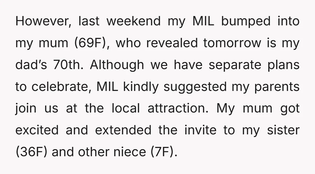 However, last weekend my MIL bumped into my mum (69F), who revealed tomorrow is my dad’s 70th. Although we have separate plans to celebrate, MIL kindly suggested my parents join...