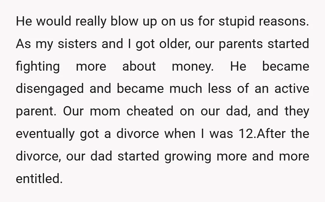 He would really blow up on us for stupid reasons. As my sisters and I got older, our parents started fighting more about money. He became disengaged and became much...