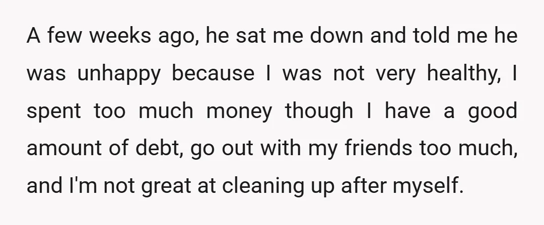 A few weeks ago, he sat me down and told me he was unhappy because I was not very healthy, I spent too much money though I have a good...