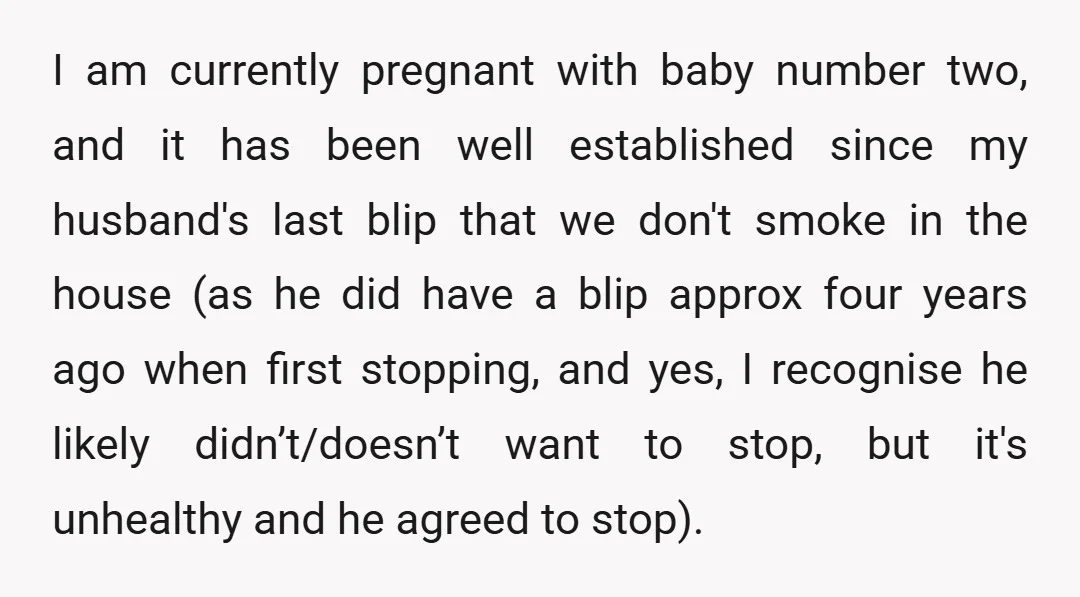 I am currently pregnant with baby number two, and it has been well established since my husband's last blip that we don't smoke in the house (as he did have...