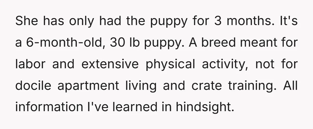 She has only had the puppy for 3 months. It's a 6-month-old, 30 lb puppy. A breed meant for labor and extensive physical activity, not for docile apartment living and...