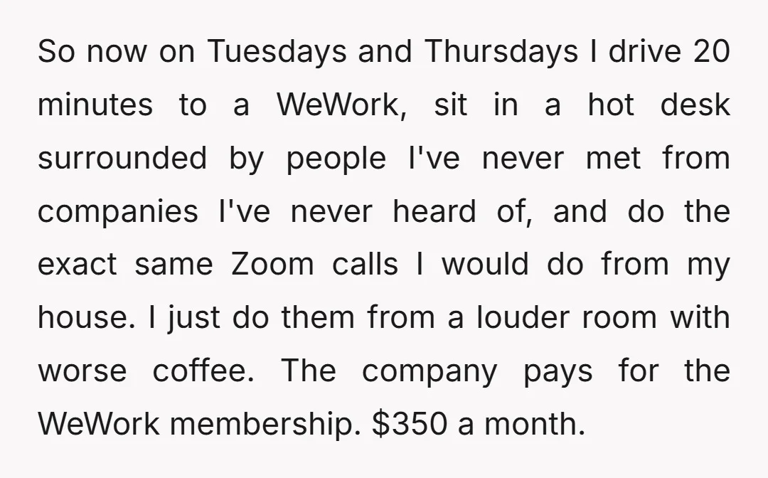 So now on Tuesdays and Thursdays I drive 20 minutes to a WeWork, sit in a hot desk surrounded by people I've never met from companies I've never heard of,...