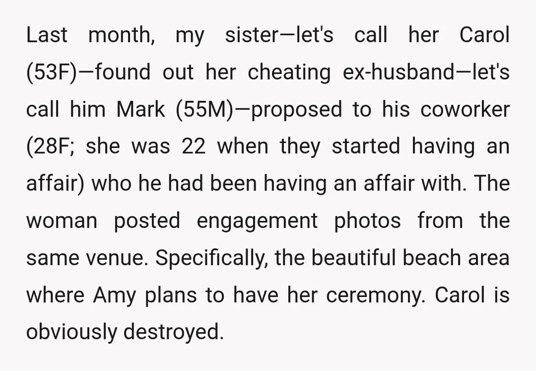 Last month, my sister—let's call her Carol (53F)—found out her cheating ex-husband—let's call him Mark (55M)—proposed to his coworker (28F; she was 22 when they started having an affair) who...