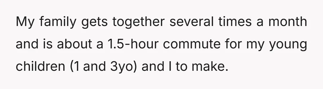 My family gets together several times a month and is about a 1.5-hour commute for my young children (1 and 3yo) and I to make.