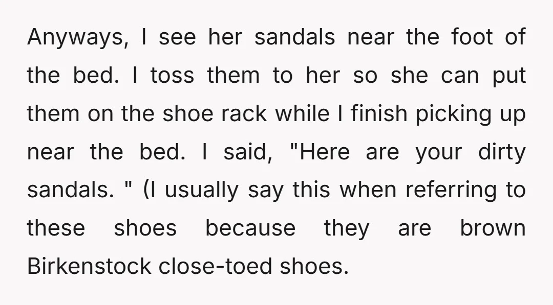 Anyways, I see her sandals near the foot of the bed. I toss them to her so she can put them on the shoe rack while I finish picking up...