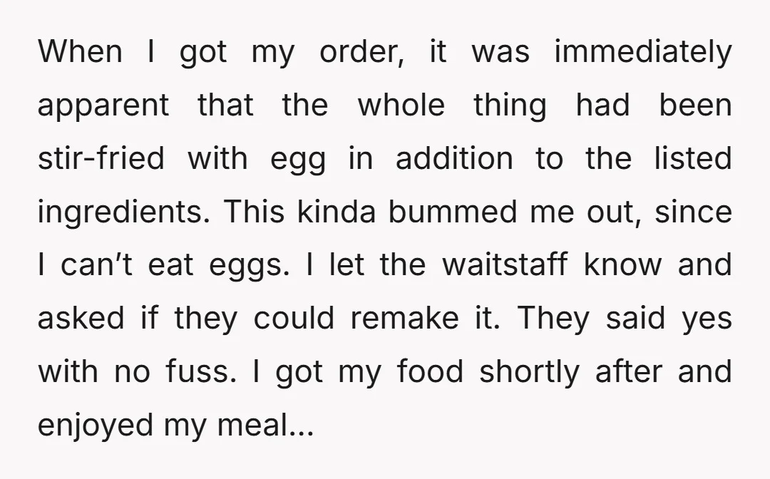 When I got my order, it was immediately apparent that the whole thing had been stir-fried with egg in addition to the listed ingredients. This kinda bummed me out, since...
