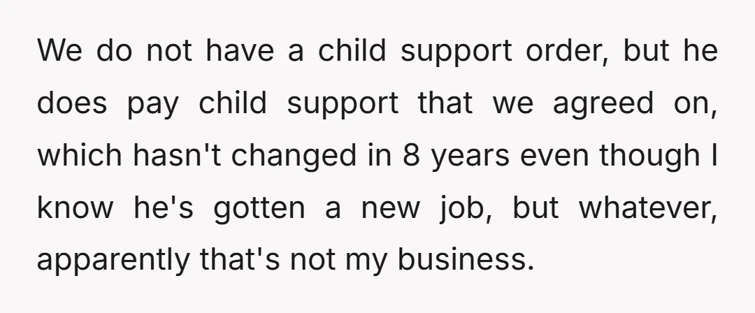 We do not have a child support order, but he does pay child support that we agreed on, which hasn't changed in 8 years even though I know he's gotten...