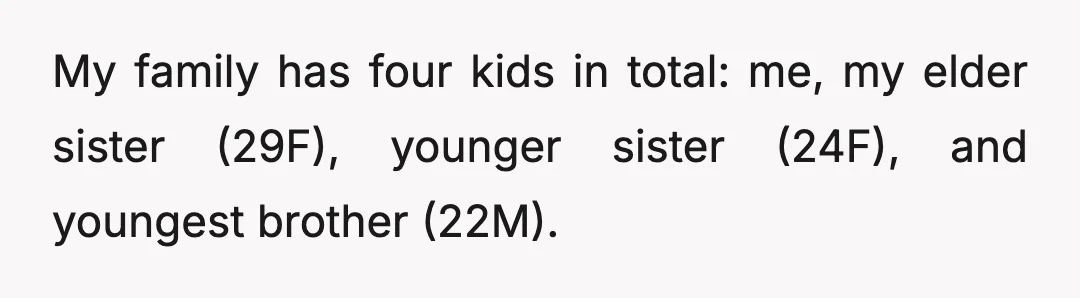 My family has four kids in total: me, my elder sister (29F), younger sister (24F), and youngest brother (22M).