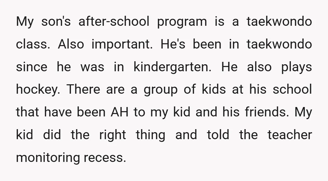My son's after-school program is a taekwondo class. Also important. He's been in taekwondo since he was in kindergarten. He also plays hockey. There are a group of kids at...