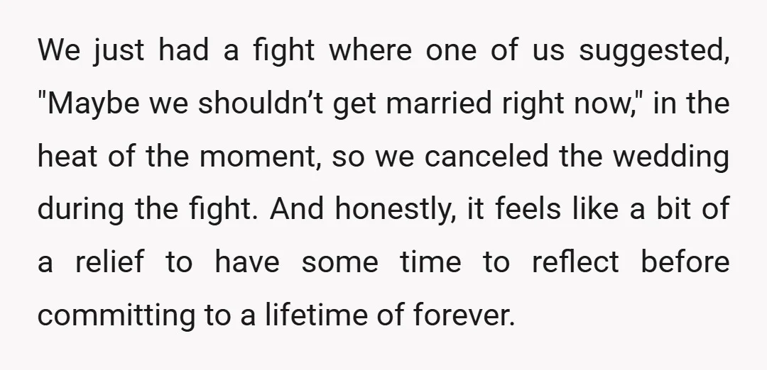 We just had a fight where one of us suggested, "Maybe we shouldn’t get married right now," in the heat of the moment, so we canceled the wedding during the...