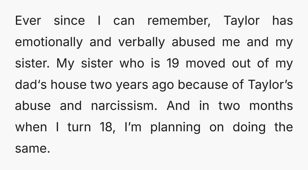 Ever since I can remember, Taylor has emotionally and verbally abused me and my sister. My sister who is 19 moved out of my dad‘s house two years ago because...