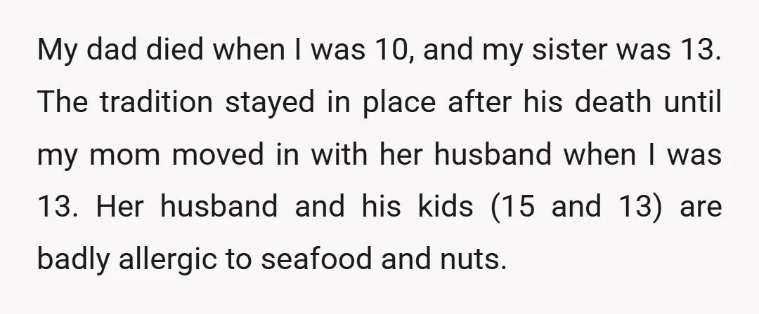 My dad died when I was 10, and my sister was 13. The tradition stayed in place after his death until my mom moved in with her husband when I...