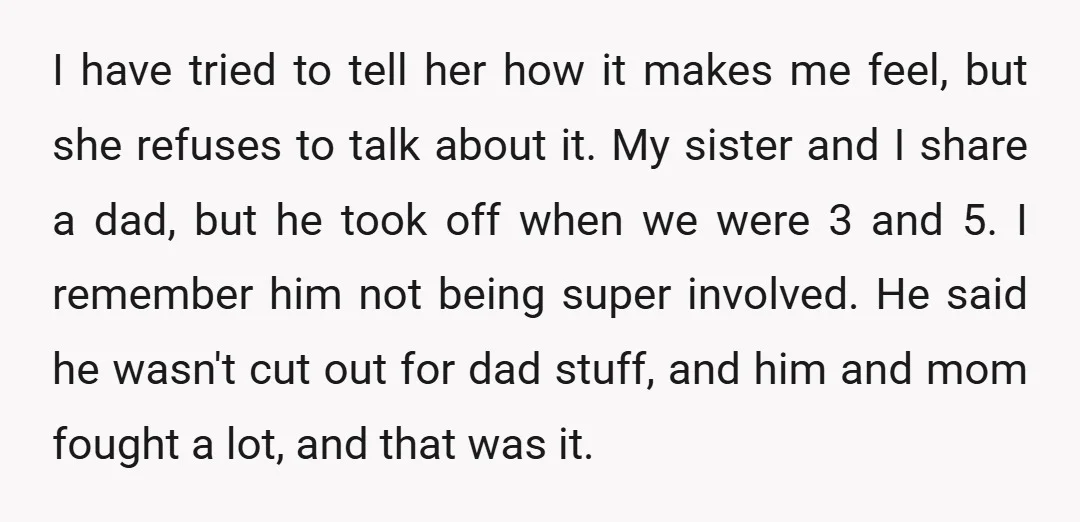 I have tried to tell her how it makes me feel, but she refuses to talk about it. My sister and I share a dad, but he took off when...