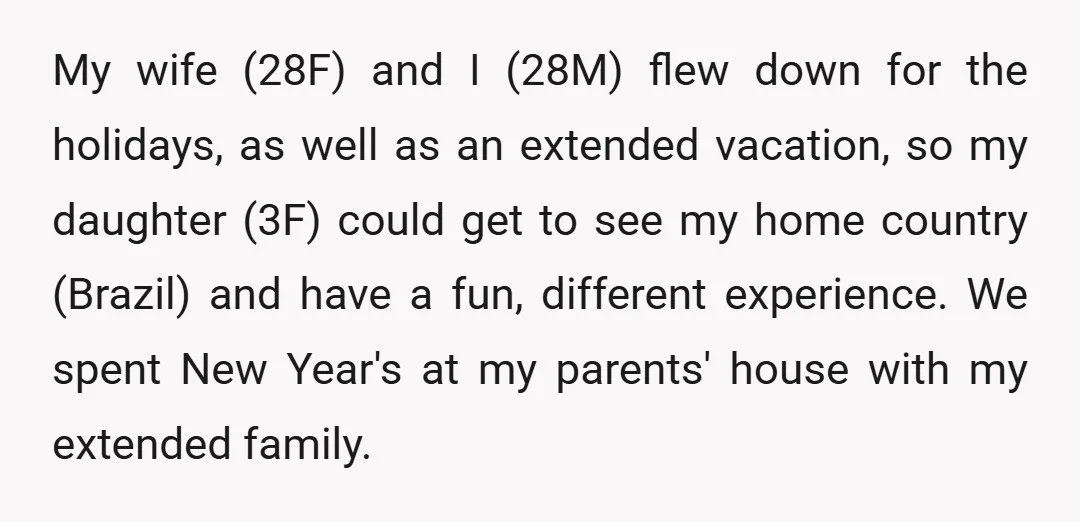 My wife (28F) and I (28M) flew down for the holidays, as well as an extended vacation, so my daughter (3F) could get to see my home country (Brazil) and...