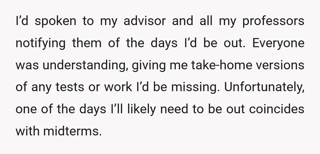 I’d spoken to my advisor and all my professors notifying them of the days I’d be out. Everyone was understanding, giving me take-home versions of any tests or work I’d...