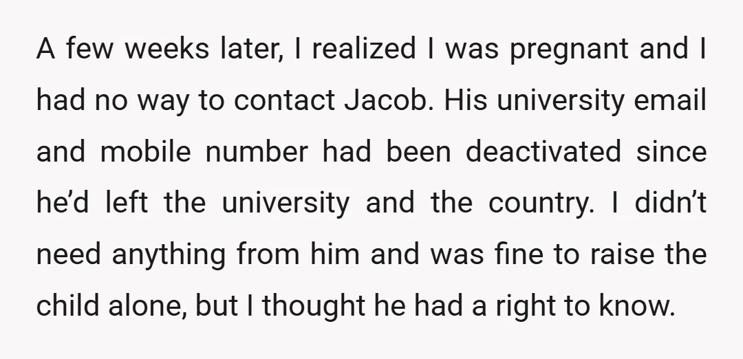 A few weeks later, I realized I was pregnant and I had no way to contact Jacob. His university email and mobile number had been deactivated since he’d left the...