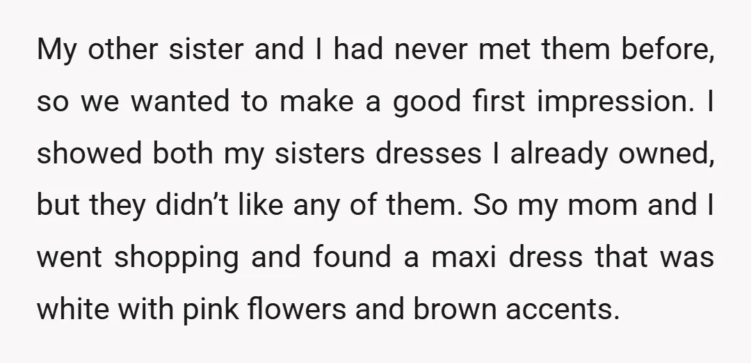 My other sister and I had never met them before, so we wanted to make a good first impression. I showed both my sisters dresses I already owned, but they...